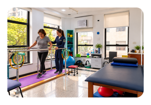 Fisioterapia com apoio e equilíbrio